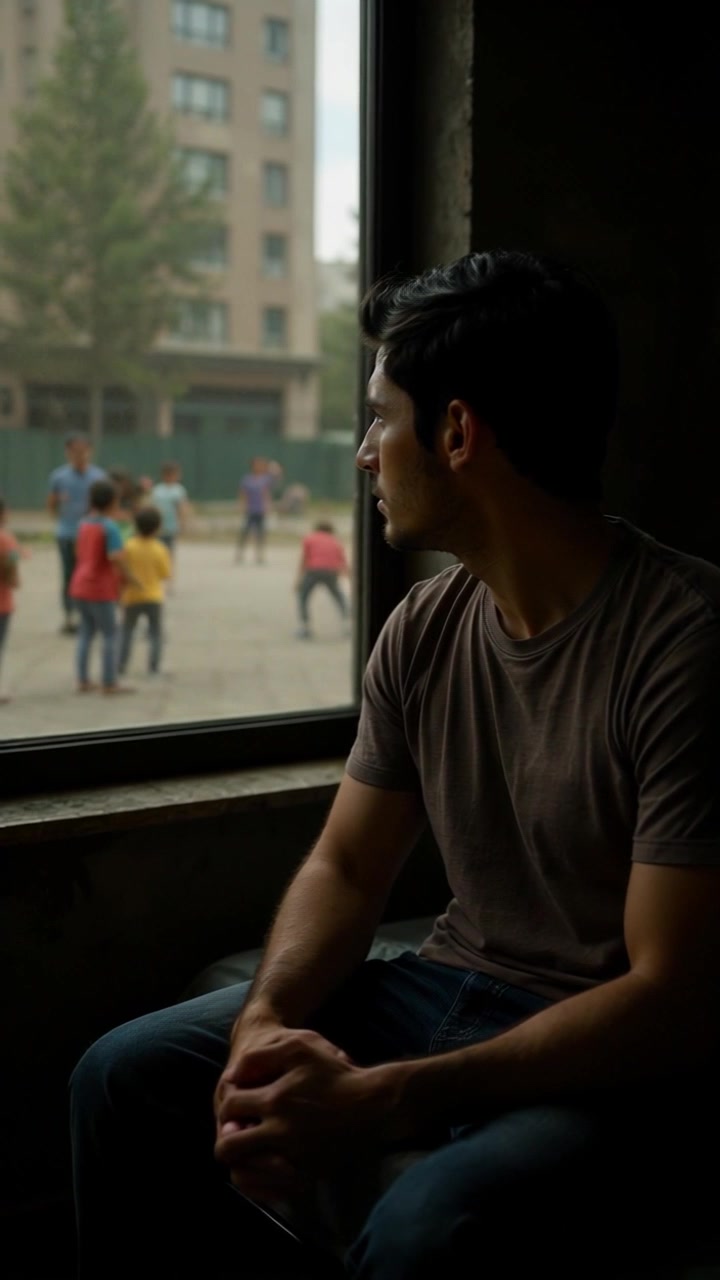 Subject: A young man with dark hair, lost in thought. Subject Movement: He shifts slightly on the bed, adjusting his posture to get a better view outside. Scene: A cozy bedroom with a large window overlooking a courtyard where several children play energetically. Style: Soft, warm morning light filtering through the window, casting gentle shadows. Motion: Camera gently pushes in toward the young man, capturing the contrast of his introspective demeanor against the lively activities outside.