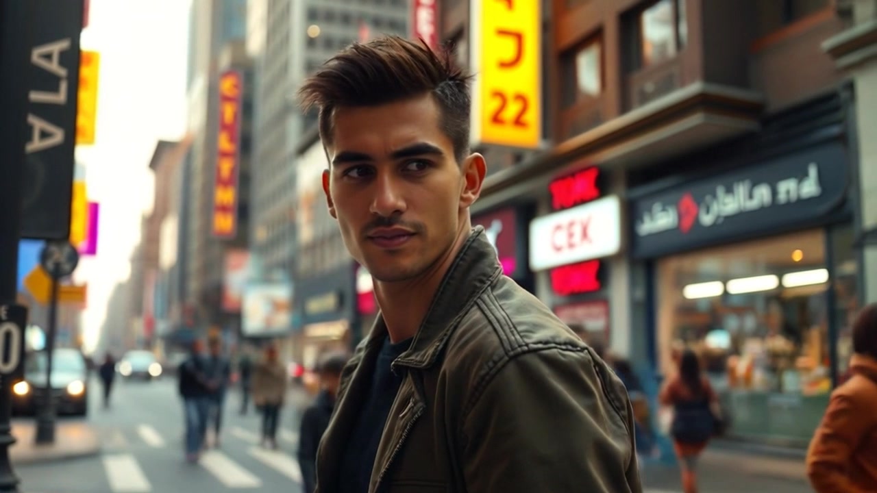 Subject: A person looking frustrated on a busy street corner, surrounded by a throng of passersby. Subject movement: The Amir shifts uneasily, glancing around as people bustle past, seemingly oblivious to his presence. Scene: A vibrant urban street bustling with life, storefronts lining the street, filled with people moving in all directions. Style: Bright afternoon lighting illuminating the scene with high contrast and sharp shadows. Motion: Start with a wide shot capturing the entire street scene, then smoothly push in on the Amir, highlighting his inner turmoil as the energy of the crowd swirls around him.