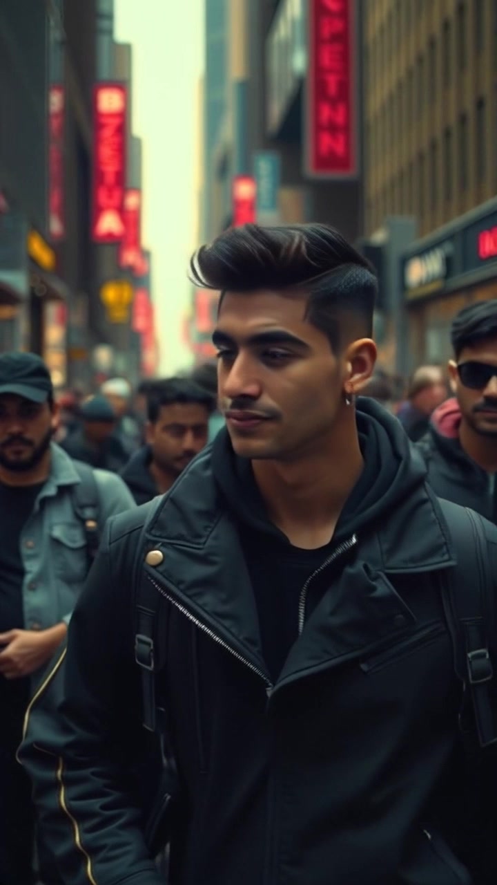 Scene: A bustling urban street filled with diverse pedestrians engaged in their own activities, ignoring the Amir strolling through the crowd. Style: Bright, midday lighting illuminating the scene with vibrant colors. Motion: Camera follows the Amir with a smooth handheld tracking shot, weaving through the throng of people as he walks, capturing the juxtaposition of his calm demeanor against the lively chaos around him.