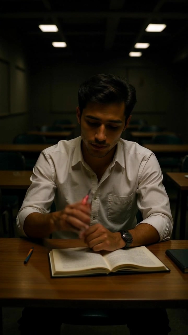 Subject: A young man intensely studying at his desk. Subject movement: He shifts his gaze from the book to the pencil, then back, reflecting concentration. Scene: A dimly lit classroom with a rustic wooden desk, an open book, and dim wall posters adding to the atmosphere. Style: Soft, ambient lighting creates a moody and serious tone throughout the room. Motion: The camera begins with a closeup on the book, then pushes out smoothly to capture the young man's thoughtful expression, maintaining focus on his deliberate movements.