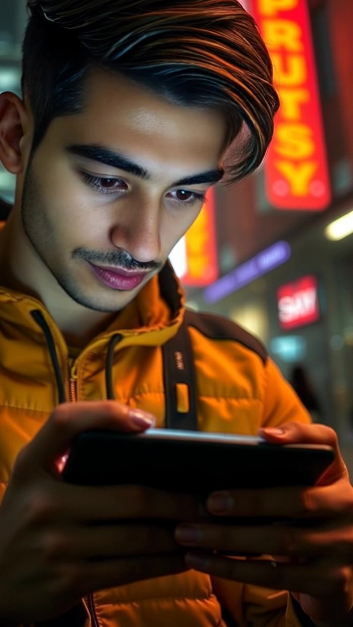 Scene: A close-up of a person's hands focused on a smartphone screen, displaying vibrant colors and intricate details. Style: Soft, diffused lighting creates an intimate atmosphere, highlighting the texture of the hands and the sleek smartphone. Motion: The camera smoothly zooms in over the hands, capturing subtle movements as fingers swipe across the screen, then pans slightly to reveal the screen content.