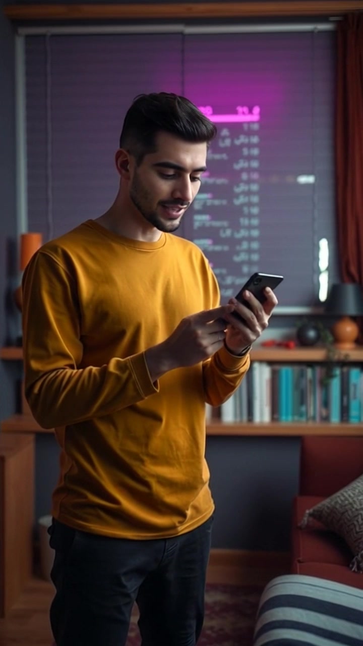 Subject: A curious young man speaking to a smartphone. Subject movement: He gestures expressively and shifts slightly from side to side as he engages in conversation. Scene: Cozy living room setting filled with warm lighting and inviting decor. Style: Warm ambient light creates a friendly and comfortable atmosphere. Motion: The camera performs a subtle push-in towards Amir, capturing his animated expressions while gently panning to include elements of the cozy environment.