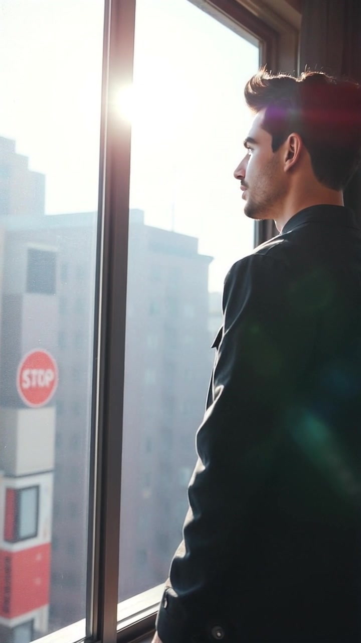 Subject: A figure standing by a window, looking thoughtfully outside. Subject movement: The figure remains still, staring contemplatively at the outside world. Scene: Interior of a well-lit room, with warm sunlight streaming in through the window, casting light patterns on the floor. Style: Bright, warm lighting highlighting the peaceful atmosphere of the room. Motion: The camera slowly pushes in on the figure from a slight distance, enhancing the mood of introspection as soft rays of light dance around the space.
