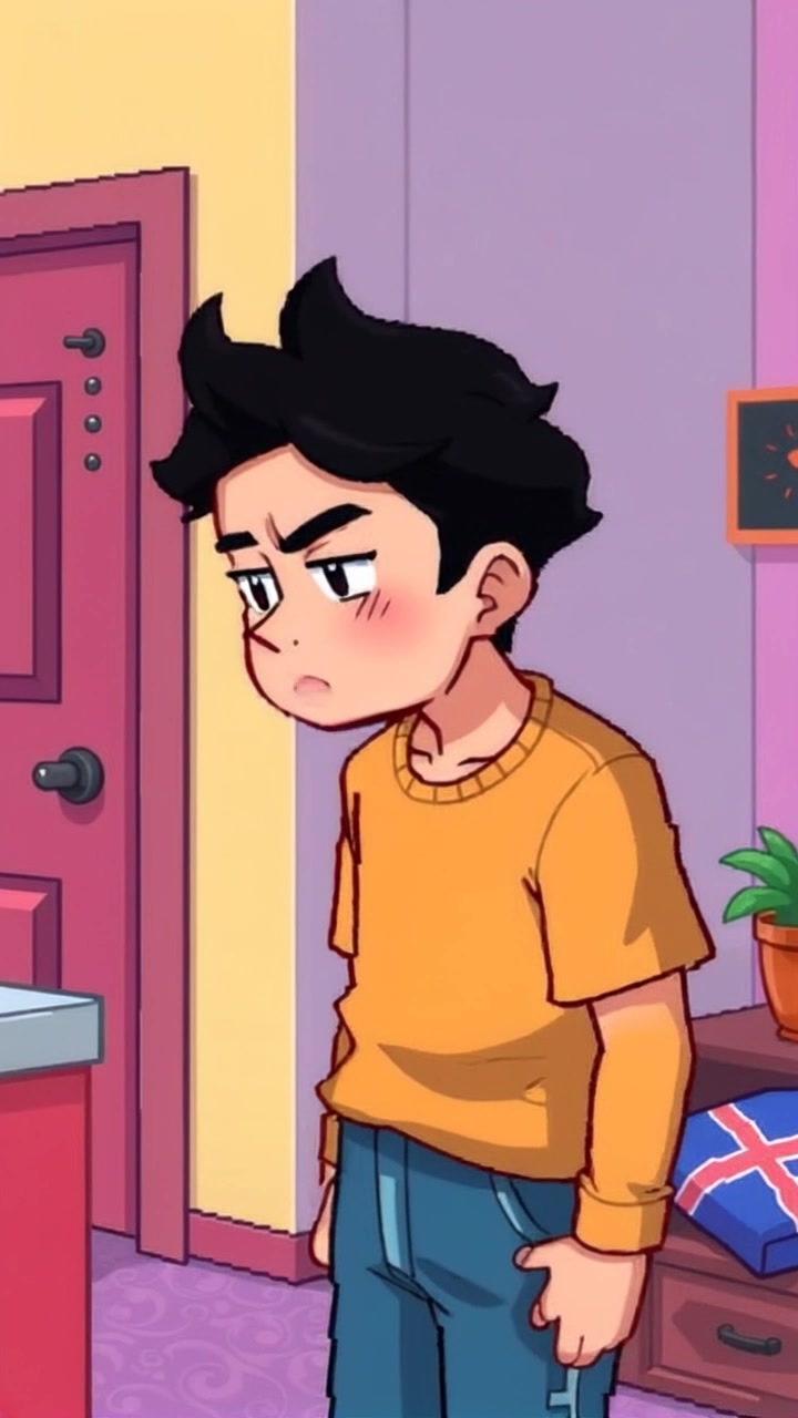 Subject: A person standing nervously in a dimly-lit room, glancing around with a worried expression. Subject movement: The individual shifts their weight from one foot to the other, casting furtive glances at the corners of the room. Scene: An intimate room with muted colors, scattered furniture, and dim lighting that creates a tense atmosphere. Lighting: Soft, ambient lighting with pockets of shadow that enhance the feeling of unease. Motion: Camera gently sways side to side as it captures the subtle movements of the subject's anxious demeanor, adding to the sense of tension in the scene.