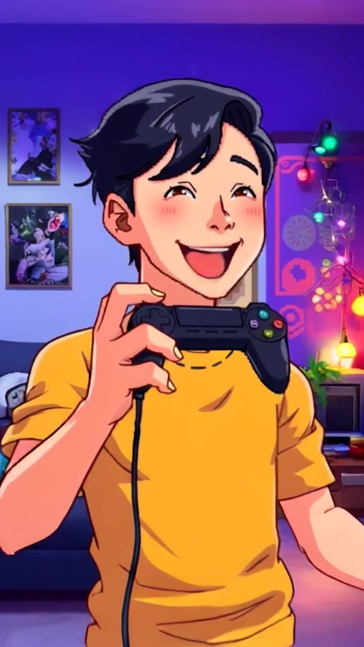 Subject: A person smiling excitedly while holding a game controller. Subject movement: The person's hand moves energetically, demonstrating enthusiasm as they play. Scene: A cozy living room filled with gaming paraphernalia and colorful LED lights. Style: Warm, inviting lighting creating a lively, upbeat atmosphere. Motion: The camera does a dramatic push in towards the person's face, capturing the joy and excitement in their expression as they prepare for gameplay.