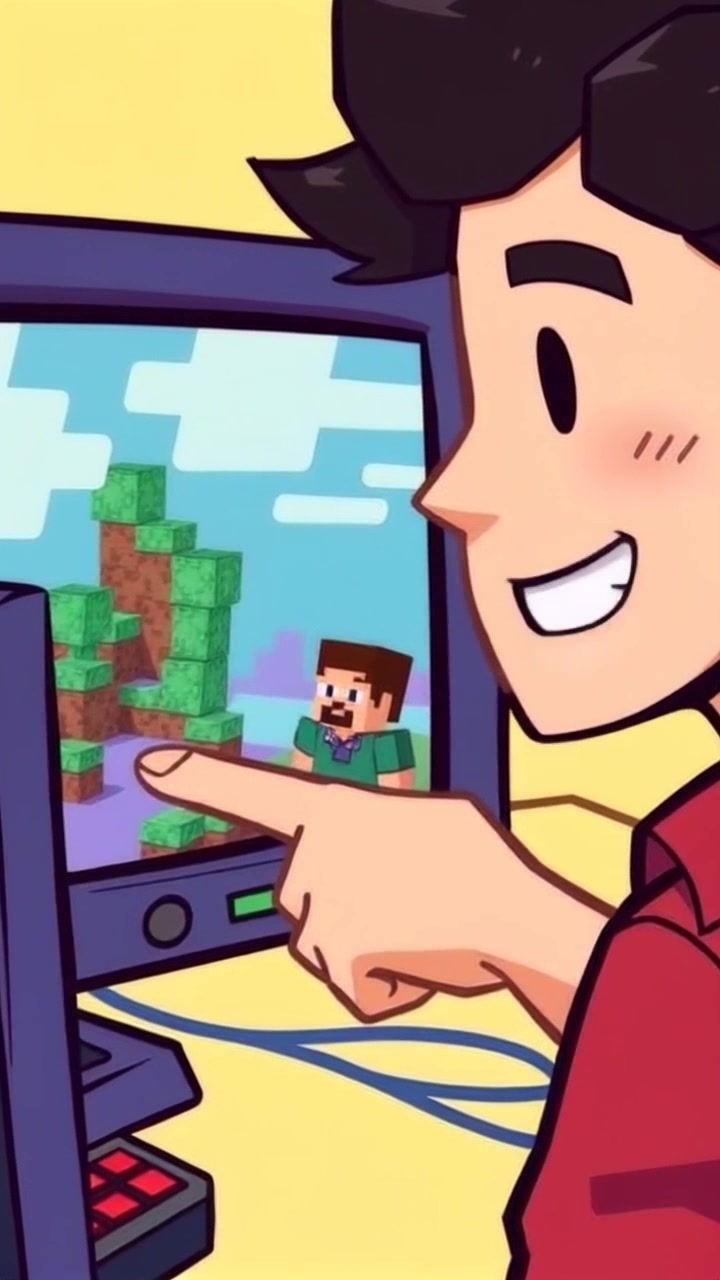 Subject: A person pointing enthusiastically at a computer screen. Subject movement: The individual's arm moves animatedly as they gesture towards the Minecraft village displayed on the screen, with a look of excitement on their face. Scene: Close-up of a modern workspace, featuring a computer with a vibrant Minecraft village on the display. Style: Bright, upbeat lighting that enhances the colors of the screen, creating an inviting atmosphere. Motion: The camera moves in for a dynamic close-up, focusing on the person's hand gesture before sweeping up to capture their enthused expression.