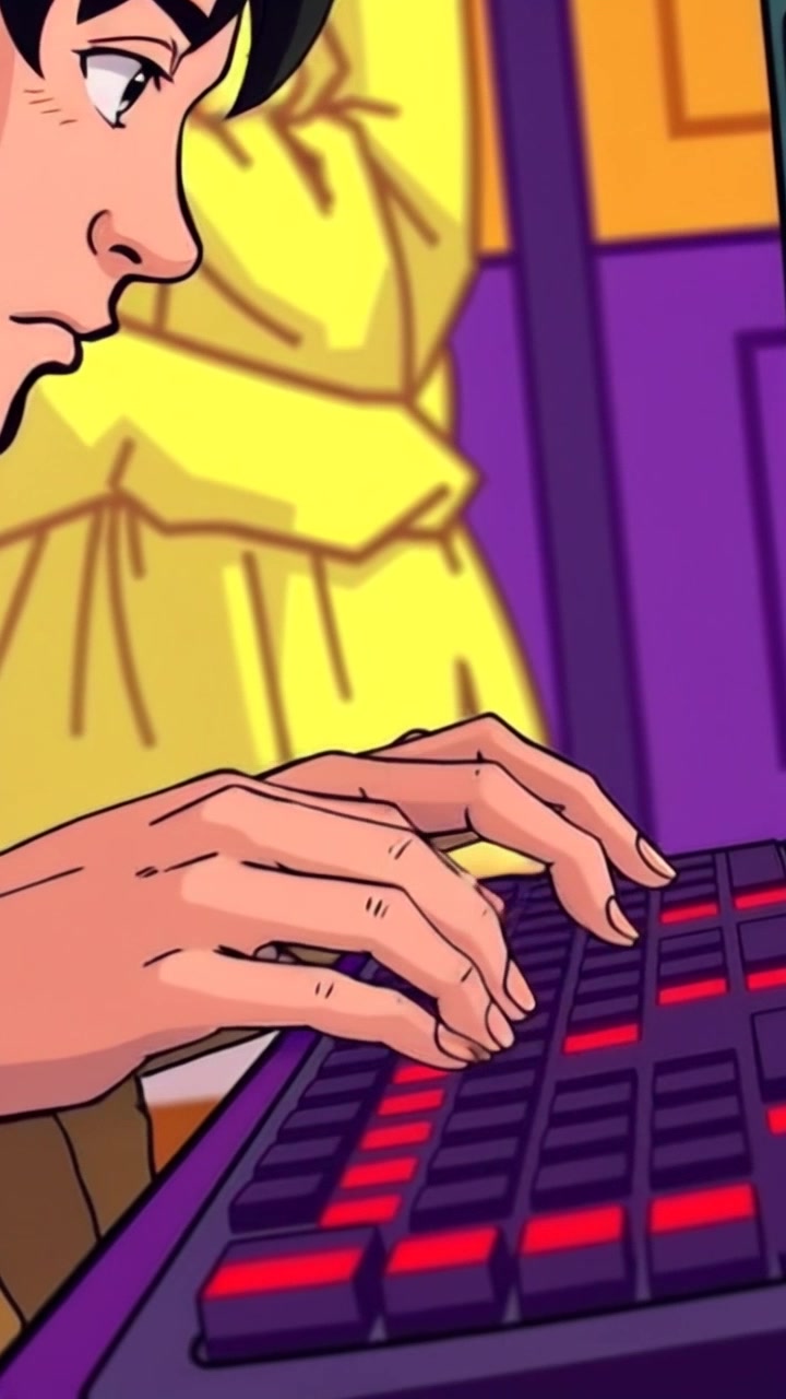 Scene: Close-up shot of hands intensively engaging with a gaming keyboard, illuminated by the glow of a vibrant screen in the background. Style: Neon lighting effects highlighting the keyboard and hands, creating an immersive gaming atmosphere. Motion: Camera slowly zooms in on the hands as they rapidly move across the keyboard, capturing the fast-paced action and rhythmic keystrokes.