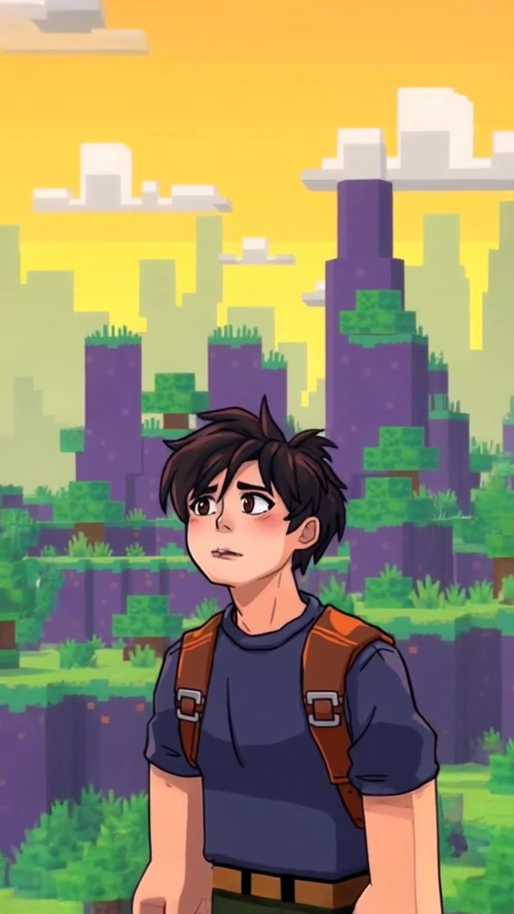 Scene: A vibrant, blocky Minecraft landscape filled with lush green forests, towering mountains, and pixelated clouds. Style: Bright, playful lighting emphasizing the colorful, cubic features of the environment, creating a whimsical atmosphere. Motion: The camera performs a dramatic zoom out to reveal Ken's small figure against the vastness of the Minecraft world, capturing his astonished expression as he gazes at the sprawling scenery.