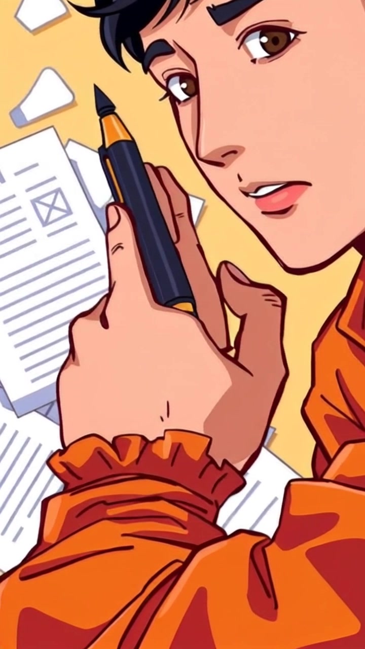 Scene: A close-up of hands gripping a pen, with scattered papers creating a sense of chaos and urgency. Style: Soft, ambient lighting highlighting the texture of the hands and the sheen of the pen. Motion: The camera slowly pushes in on the hands as they write fervently, creating a dynamic perspective that captures the intensity of thought and creativity.