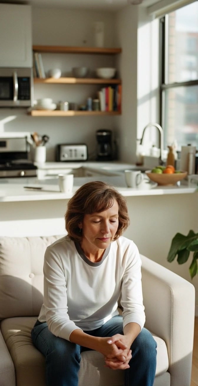 Subject: A middle-aged woman sitting on a light-colored couch. Subject movement: She shifts thoughtfully in her seat, her gaze drifting through the bright kitchen. Scene: A modern and cozy kitchen setting, with soft lighting illuminating the open space. Motion: The camera performs a gentle push-in towards her as she contemplates, creating a sense of intimacy within the airy environment.