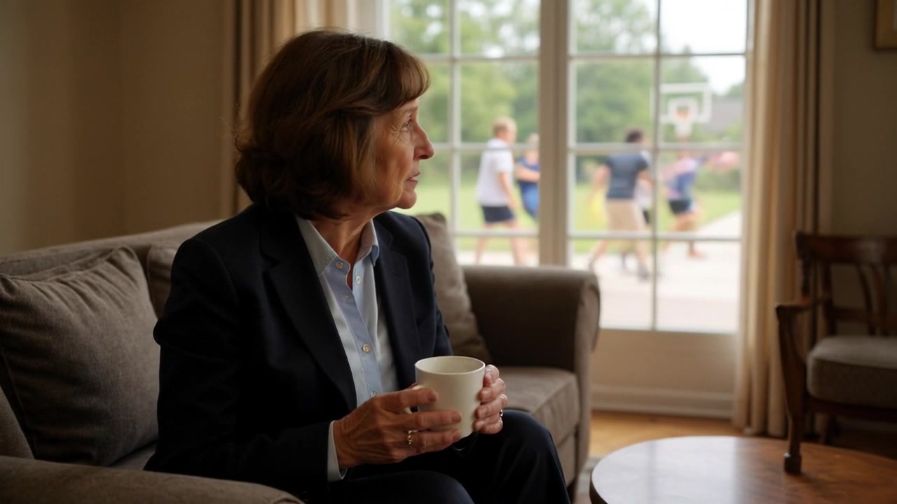 Subject: An elderly woman with a concerned expression, seated on a couch, holding a white cup. Subject movement: She shifts slightly, glancing towards the window. Scene: The inviting interior of a cozy living room with a large window framing children playing outside. Style: Warm, ambient light filtering through the window, casting gentle shadows on the furniture. Motion: Camera begins with a close-up of the woman, then slowly zooms out to reveal the lively scene outside, creating a contrast between her stillness and the vibrancy beyond the glass.