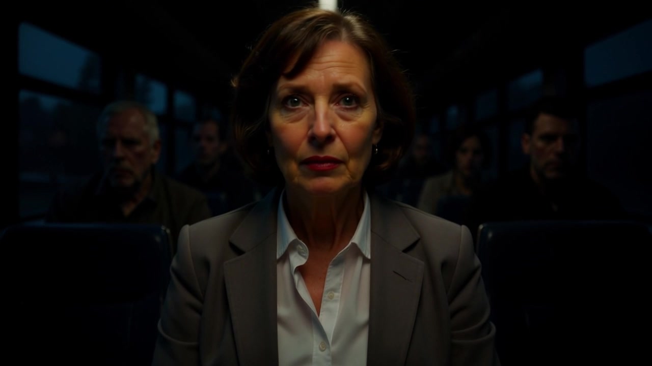 Scene: A middle-aged woman sits in the foreground of a dimly lit bus, her expression contemplative, with blurred fellow passengers in the background. Style: Soft, ambient lighting creates a moody atmosphere inside the bus. Motion: Camera gently pushes in closer to the woman, highlighting her subtle facial expressions against the backdrop of the softly swaying bus.