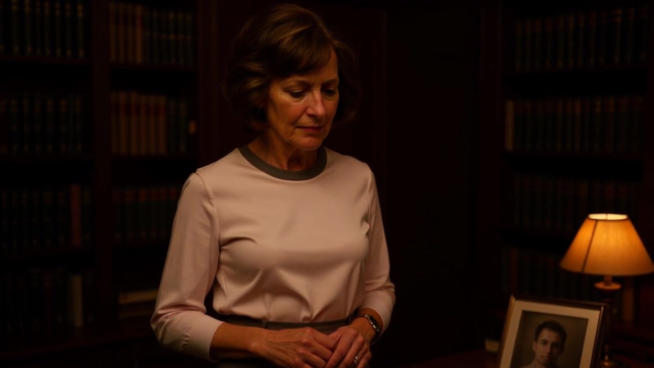 Subject: A person standing in a cozy living room. Subject movement: Susan stands still, hands clasped, lost in thought as she gazes at a framed photograph. Scene: The warm atmosphere of a cozy living room, adorned with soft lighting, plush furniture, and family mementos filling the wall. Motion: The camera slowly pushes in from a medium shot to a close-up of Susan's contemplative expression, capturing the intimate details of the moment. Lighting: Soft ambient light emanates from a nearby lamp, creating a welcoming glow that enhances the emotional depth of the scene.