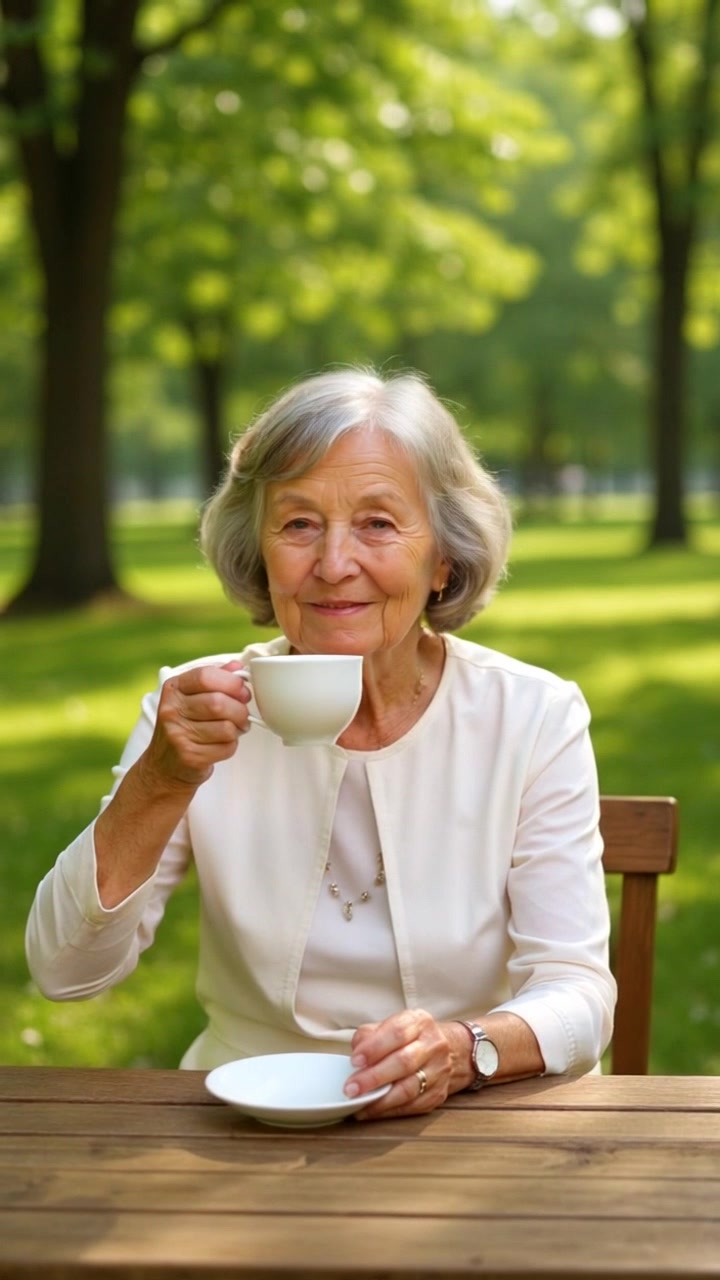Subject: An elderly woman with gray hair sitting at a wooden table in a green park, holding a cup of tea. Subject movement: She smiles gently as she brings the cup closer to her lips. Scene: A serene park setting surrounded by lush greenery and dappled sunlight filtering through the trees. Style: Soft, warm lighting creates a cozy, inviting atmosphere. Motion: The camera begins with a close-up of her smiling face, then slowly pushes out for a wider shot that captures her in the tranquil park environment.