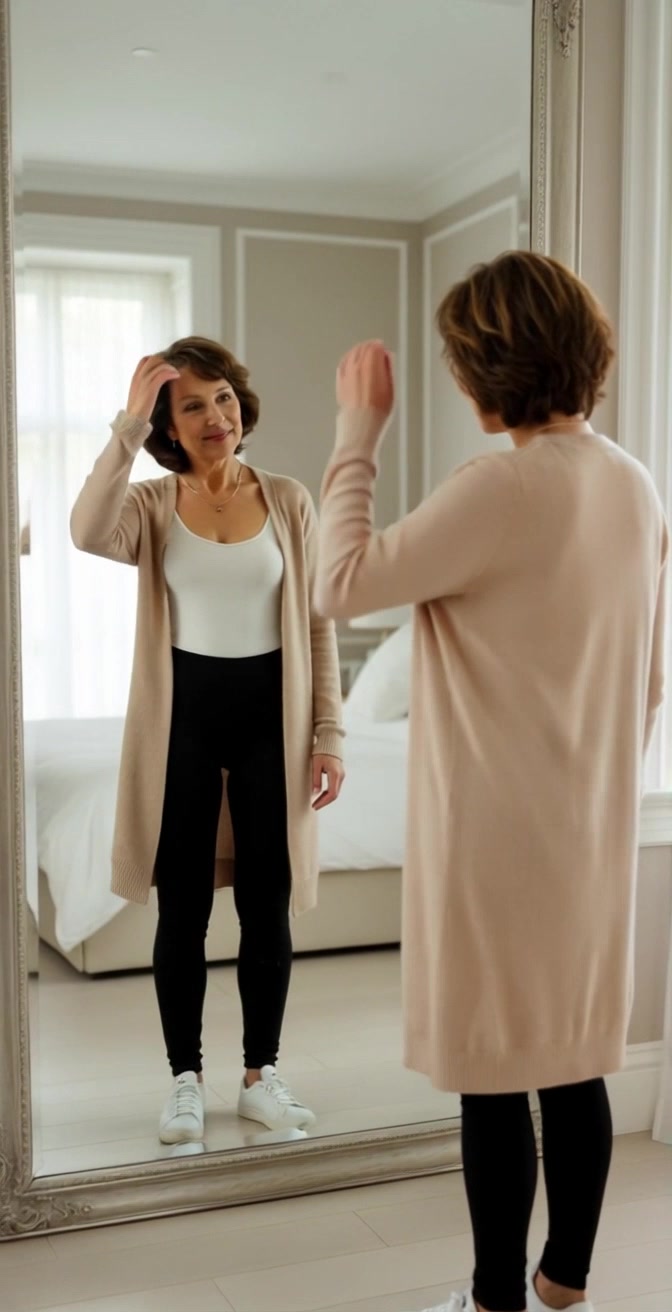Subject: A middle-aged woman with short brown hair standing in front of a large mirror. Subject movement: She raises her hand gently, brushing her hair back, while maintaining a calm expression. Scene: A softly lit room with warm tones and serene ambiance, focusing on the woman and her reflection in the mirror. Motion: The camera slowly zooms in on her face, capturing the tranquility of her expression, then softly pulls back to reveal the full scene in the mirror. Lighting: Soft, ambient lighting that enhances the warmth of the room. Atmosphere: Calm and introspective mood.