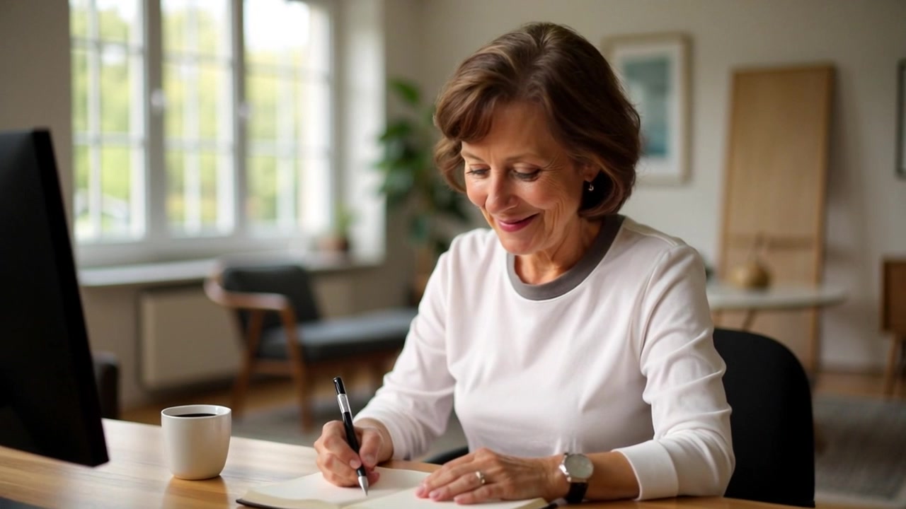 Subject: A middle-aged woman with short brown hair. Subject movement: She smiles warmly while writing in her notebook, her hand gliding across the pages. Scene: Cozy room with a wooden desk, glowing from natural light, featuring a computer monitor and a steaming coffee cup nearby. Style: Soft ambient lighting filling the space, enhancing the inviting atmosphere. Motion: The camera creates a gentle dolly-in effect, focusing closely on the woman as she writes, then panning to reveal her surroundings, capturing the serene vibe of the room.