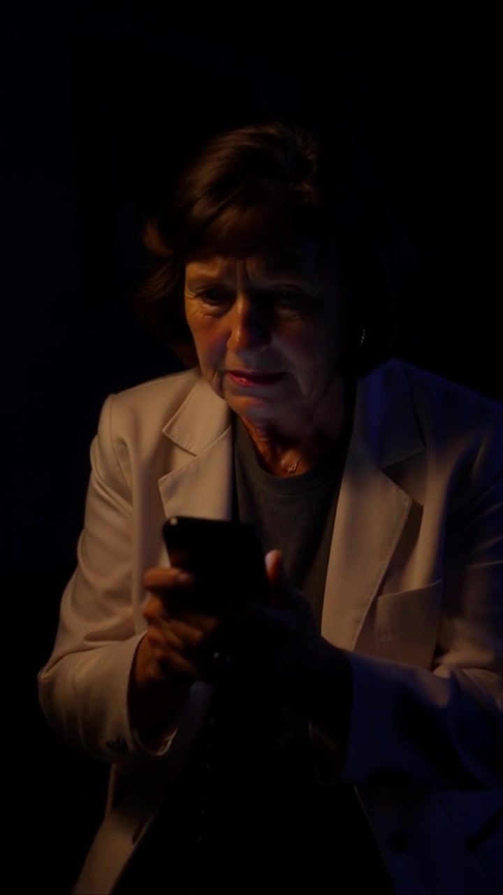 Subject: A woman holding a phone with a worried expression. Subject movement: She slowly paces back and forth in a dimly lit room, anxiously glancing at the screen. Scene: A small, moody room with shadows creeping in from the corners, the light flickering from a single overhead bulb. Style: Low-key lighting creating dramatic shadows across her face, enhancing her worried demeanor. Motion: The camera follows her movement tightly, shifting angles to capture her expressions and the dim atmosphere.