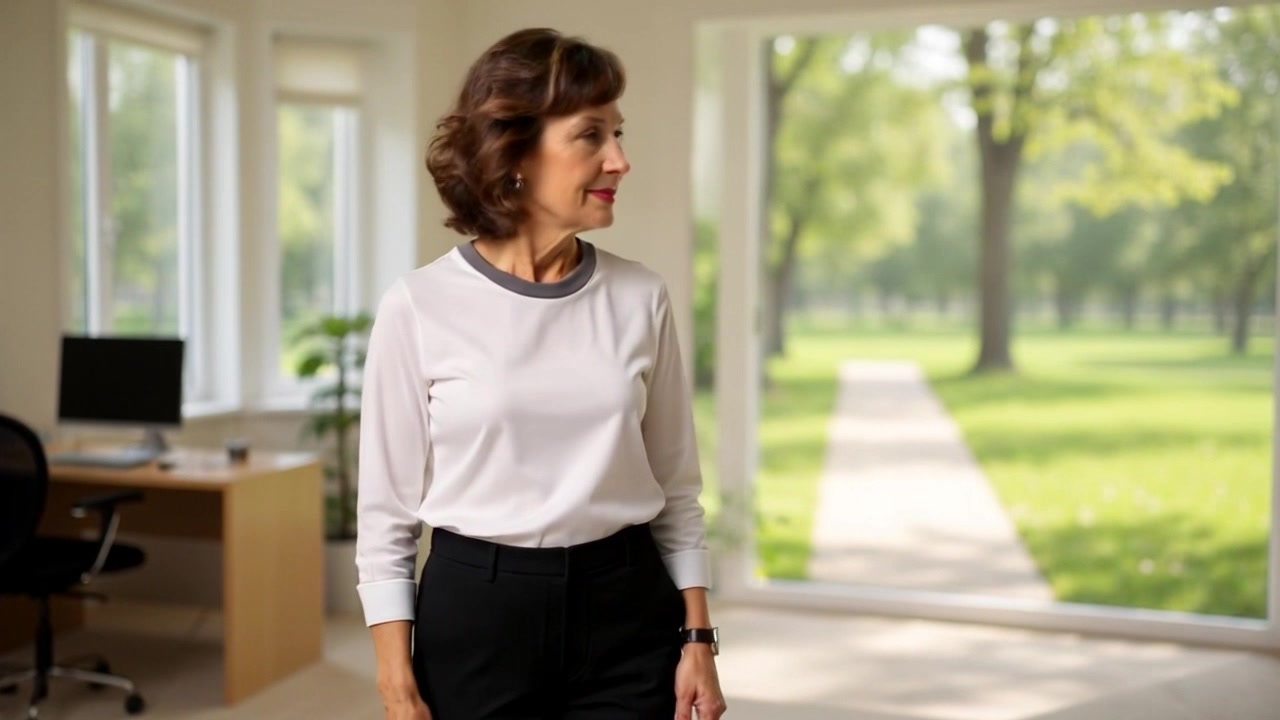 Subject: A middle-aged woman standing indoors near large windows. Scene: Bright room with large windows showcasing a vibrant green park outside, contrasting with the neutral tones of the room. Style: Soft morning light streaming through the windows, creating a warm, inviting atmosphere. Motion: Camera gently pushes in towards the woman as she glances out toward the park, capturing her contemplative expression against the lively backdrop.