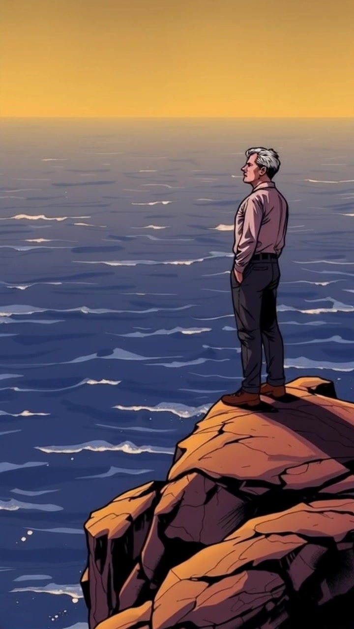 Subject: A determined person standing on a rocky cliff. Subject movement: The person shifts their weight slightly as they gaze intensely into the horizon, creating a sense of anticipation. Scene: Rocky cliff overlooking a vast ocean, with waves crashing against the rocks below. Style: Dramatic morning light illuminating the scene, with striking contrasts between the blue ocean and rugged cliff. Motion: Camera begins with a static wide shot capturing the vastness of the landscape, then slowly dolly in, narrowing the focus on the person while the ocean roars in the background, emphasizing the profound connection between the individual and nature.