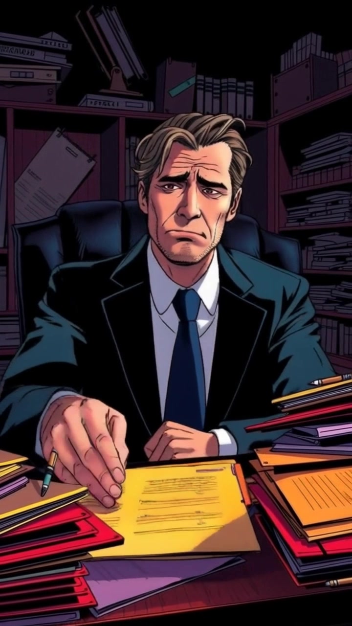 Subject: A person named Mark, visibly frustrated, sitting at a cluttered desk filled with files and an open case file. Subject movement: Mark leans back in his chair, exhaling heavily as he runs a hand through his hair in exasperation. Scene: An office setting, with stacks of papers and documents scattered around in disarray. Style: Soft ambient lighting illuminating the space, casting gentle shadows that emphasize the chaos of the desk. Motion: Camera slowly pushes in for a close-up of Mark's face, capturing the tension in his expression, before panning out to reveal the chaotic environment around him.