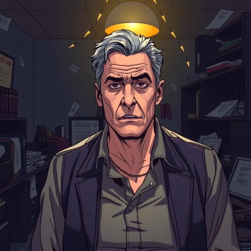 Subject: A person looking troubled, standing in a dimly lit office surrounded by scattered papers. Scene: An office filled with papers and dim ambient lighting, evoking a sense of chaos. Motion: The camera slowly zooms in on the person's face, capturing the tension in their expression while gently panning to reveal the disorder in the office.