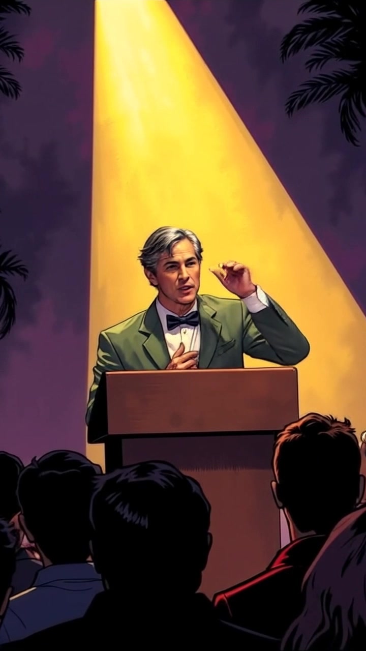 Subject: A speaker confidently addressing an audience from a podium. Subject movement: The speaker gestures expressively while maintaining a strong presence. Scene: A well-lit auditorium filled with attentive audience members, with a prominent spotlight illuminating the speaker. Style: Dramatic, focused lighting highlighting the speaker and creating a dynamic contrast with the surrounding audience. Motion: The camera begins with a close-up on the speaker, then gently zooms out to reveal the audience's engagement, creating a sense of connection between the speaker and listeners.
