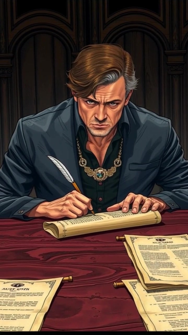 Subject: A focused individual at a grand wooden table. Subject movement: The individual writes thoughtfully with a quill, glancing at the scrolls and papers spread before him. Scene: A richly decorated study with bookshelves in the background, soft candlelight flickering around the room. Style: Warm, inviting lighting that creates a cozy atmosphere, emphasizing the textures of the wood and parchment. Motion: The camera slowly pushes in on the table to capture the intricate details of the scrolls and the individual's concentrated expression.