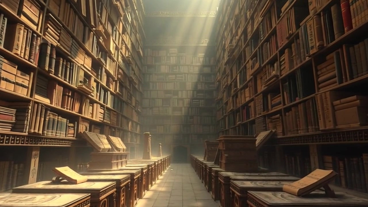 Scene: A vast, ancient library filled with towering shelves of dusty books and scrolls, illuminated by shafts of light streaming through ornate windows. Style: Mysterious and moody lighting enhancing the age-old atmosphere, with shadows playing across the wooden floors. Motion: The camera glides smoothly through the aisles, pausing to capture the intricate details of the books and the dust particles dancing in the light.