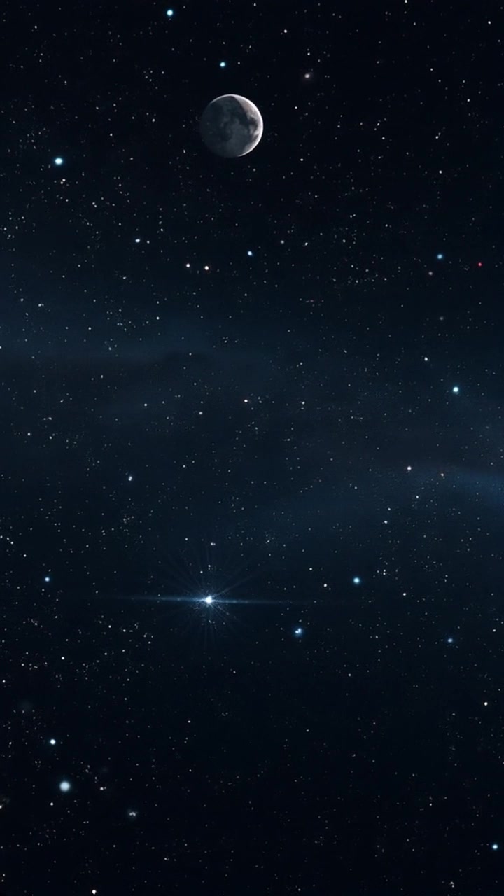 Scene: A vast, dark sky filled with twinkling stars and scattered galaxies in the emptiness of cosmic space. Style: Ethereal, with deep blue and black hues contrasting against the shimmering white of stars. Motion: Camera gently glides through the cosmos, sweeping across the star field and revealing distant galaxies, creating a sense of infinite depth and wonder.
