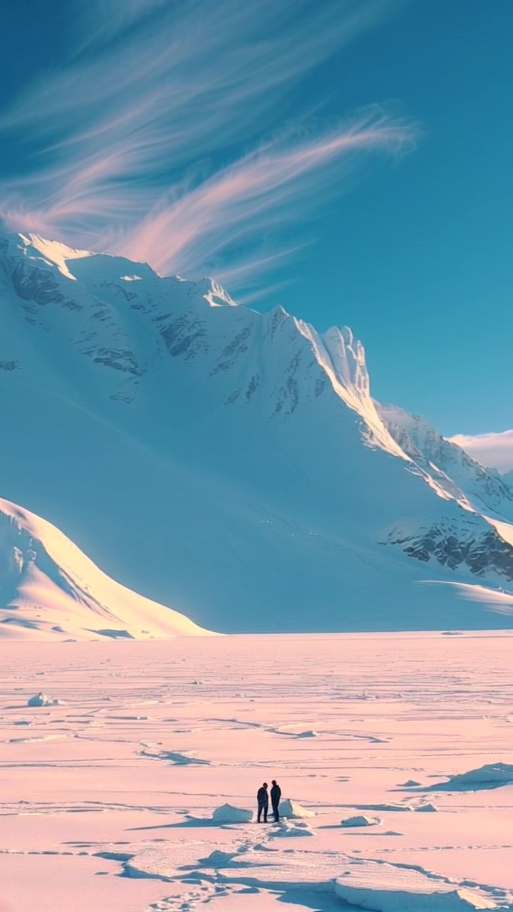 Scene: A vast, icy landscape of Antarctica, featuring snow-covered mountains under a clear blue sky. Style: The bright and cold atmosphere enhances the pristine beauty of the icy terrain. Motion: Aerial view camera glides smoothly over the landscape, showcasing the rugged peaks and shimmering snow, while gently panning to capture the expansive horizon.