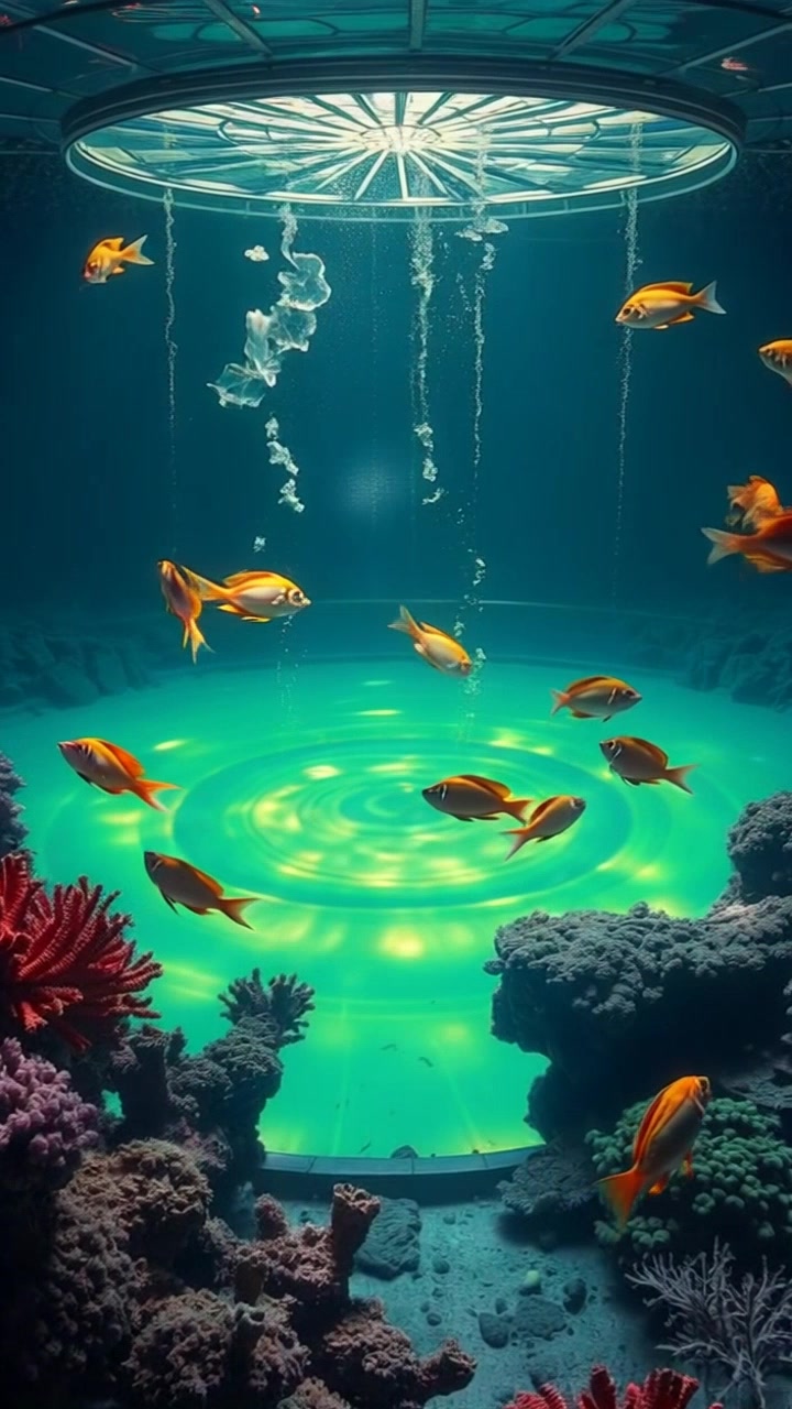 Scene: A vibrant coral reef teeming with life at the ocean floor, colorful fish weaving through intricate coral formations. Style: Ambient underwater lighting, creating a serene and peaceful atmosphere. Motion: The camera glides smoothly over the reef, capturing the graceful movements of the fish as they dart in and out of the coral, with gentle sways mimicking the ocean currents.