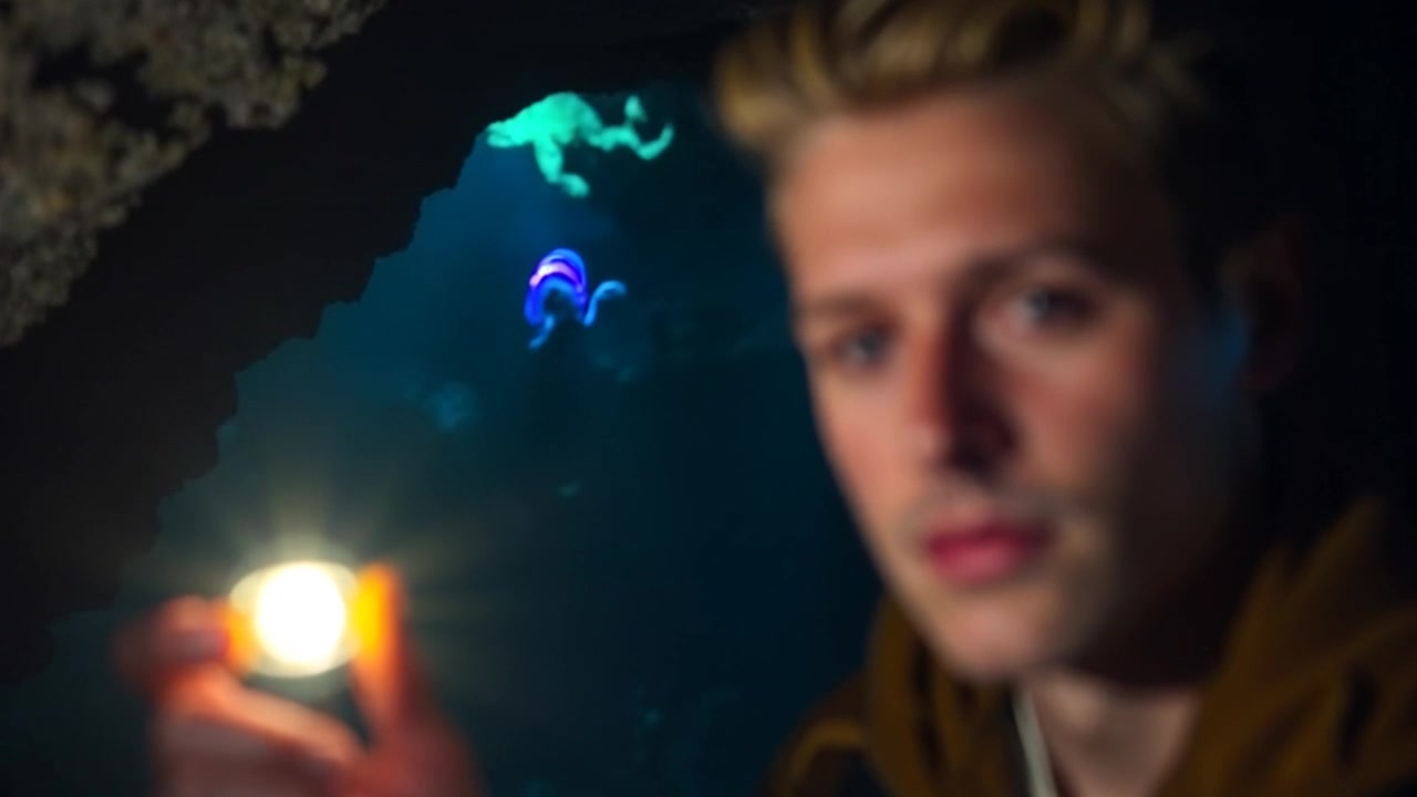 Scene: A close-up of a flashlight held within a dark underwater cavern, casting an eerie glow on the rocky walls and shimmering water. Style: Dramatic low light, enhancing the mysterious vibe of the underwater environment. Motion: Camera slowly pushes in toward the flashlight beam, revealing intricate details of the cavern while the surrounding darkness deepens, creating a sense of suspense and intrigue.