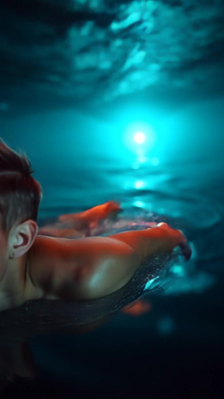 Subject: A swimmer propelling forward through the clear depths of an underwater scene. Subject movement: The swimmer strokes vigorously towards a dimly glowing light in the distance, creating ripples in the water. Scene: An expansive, ethereal underwater landscape illuminated by a mysterious light, showcasing vibrant marine life and rocky formations. Style: Soft, ambient lighting enhances the tranquility of the underwater world while highlighting the shimmering water surface above. Motion: The camera follows the swimmer from a low angle, moving smoothly alongside as they approach the light, capturing the expansive beauty of the underwater realm.