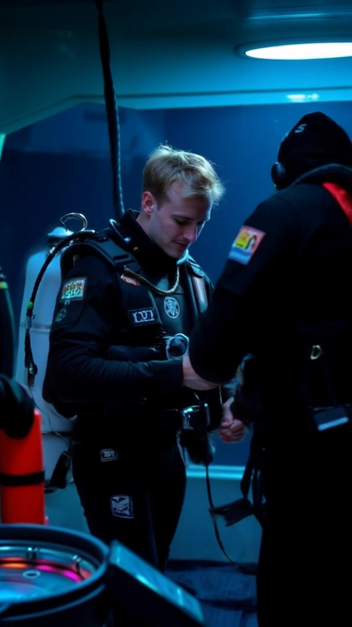 Scene: A group of commercial divers, clad in wetsuits, preparing their gear on a boat, surrounded by vibrant blue ocean waves. Style: Bright sunlight glimmering on the water surface, creating an inviting atmosphere. Motion: Camera performs a smooth handheld tracking shot circling the divers as they adjust their equipment, capturing the camaraderie and anticipation before the dive begins.