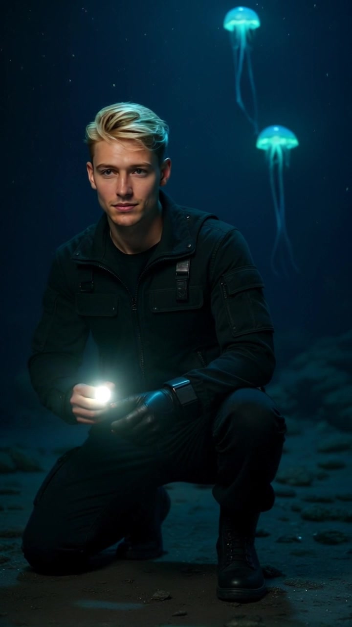 Subject: A young blond man in black tactical clothing. Subject movement: He shines a glowing flashlight across the rocky ground, illuminating his surroundings. Scene: A dark and mysterious landscape illuminated by the flashlight, revealing two ethereal jellyfish floating in the background. Style: Soft ambient light created by the flashlight contrasting with the darkness around. Motion: Camera slowly rotates around the man in a handheld tracking shot, closely following his movements as he scans the area, highlighting the enchanting jellyfish in the distance.