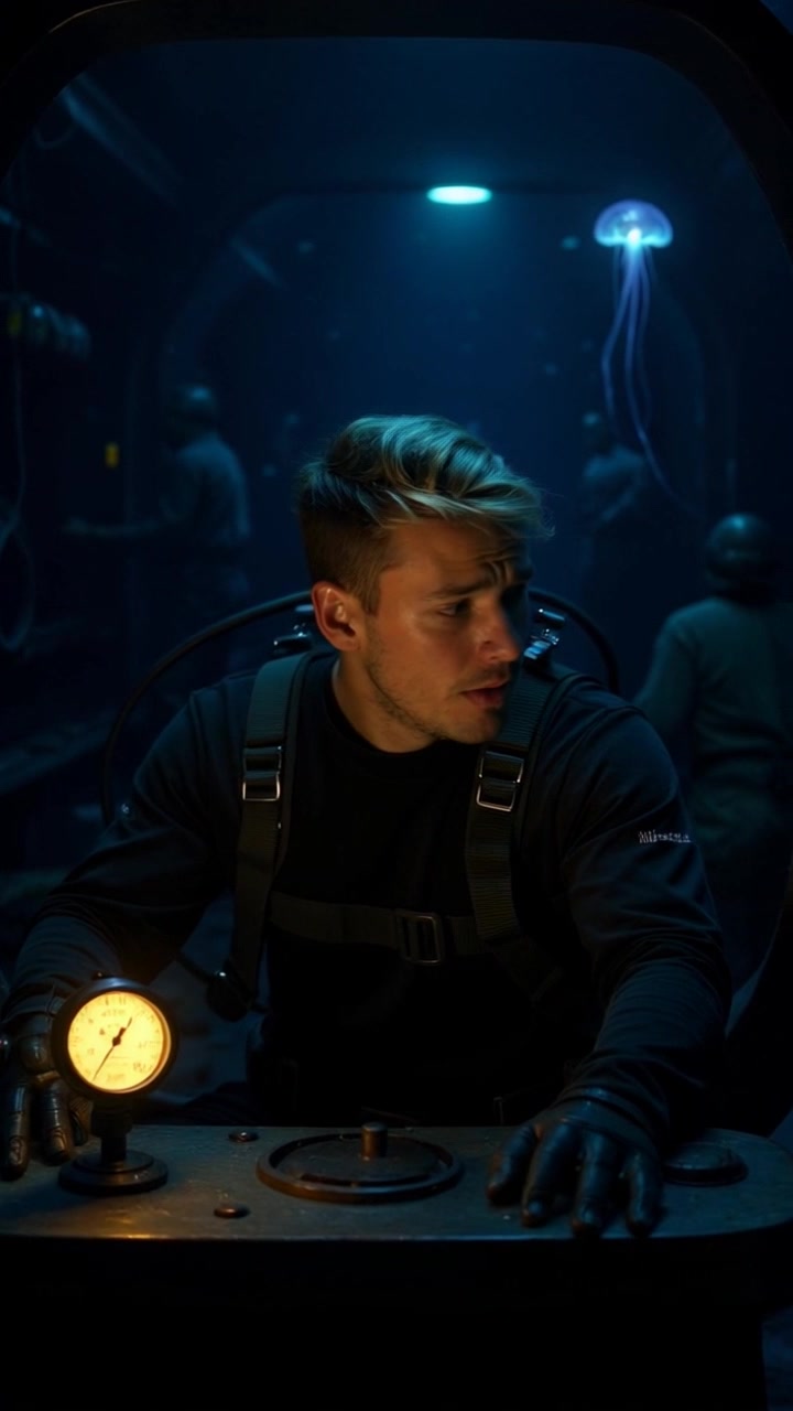 Subject: A young man inside a diving bell, anxiety etched on his face as he observes fluctuating pressure gauges. Subject movement: He shifts nervously in his seat, glancing between the gauges and the porthole. Scene: Inside a cramped, dimly lit diving bell surrounded by an ominous underwater landscape, with faint silhouettes of marine life in the background. Style: Low-light atmosphere creating a tense mood, accentuated by eerie glows from the gauges. Motion: Handheld camera capturing the subject's subtle movements, while moments of dramatic panning reveal the dark depths outside the porthole, heightening the sense of unease.