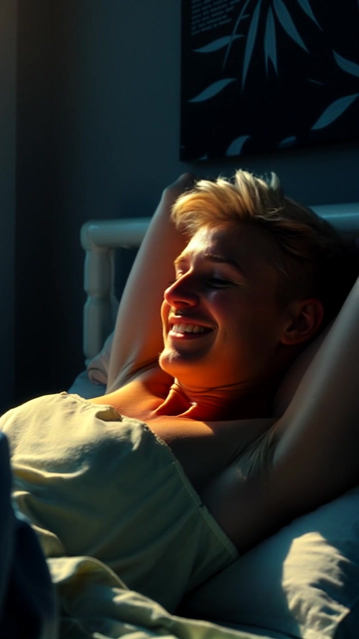 Subject: A person waking up in bed with a smile. Subject movement: The person stretches out, adjusting comfortably as they soak in the warmth of the sunlight. Scene: Cozy bedroom bathed in bright morning light, with soft linens and warm decor. Style: Inviting sunlight filtering through a window, creating a cheerful atmosphere. Motion: The camera gently pans from the window, capturing the sunlight streaming onto the bed and then focuses on the person's joyful expression.