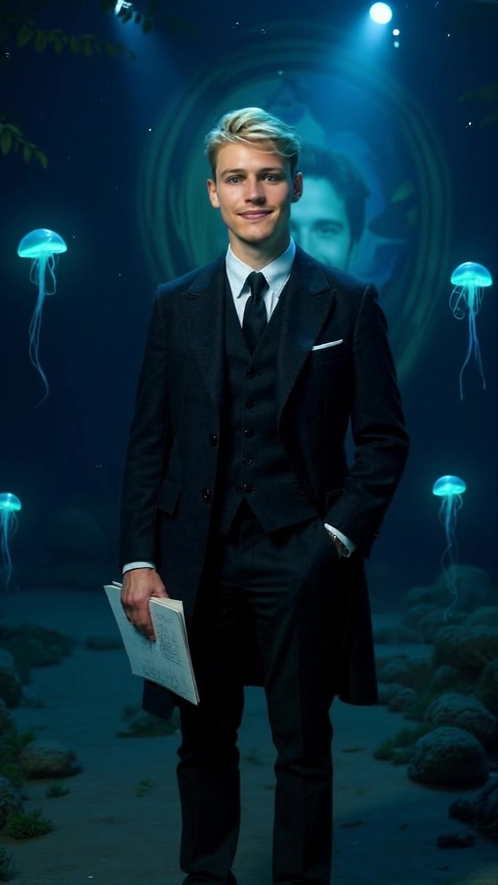 Subject: A young blond man in a formal dark suit standing underwater, surrounded by glowing jellyfish. Subject movement: He shifts subtly as he holds papers, creating delicate ripples in the water. Scene: Mysterious underwater environment illuminated by a haunting blue light, with a large, smiling ghostly face projected behind him, adding an ethereal quality to the scene. Lighting: Soft, ambient blue light enhances the glowing jellyfish and creates a dreamlike atmosphere. Motion: Camera gently rotates around the man, capturing the surreal tableau as he remains still, while jellyfish gracefully drift by, adding to the overall sense of wonder.