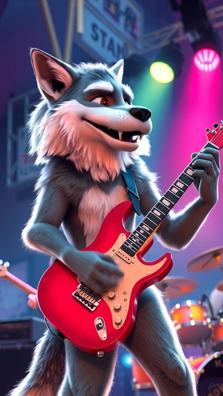A low-angle shot circles the wolf as it strums the guitar on stage, colorful lights flashing and the band playing in the background. Rock concert energy, 3D animation, dynamic camera.