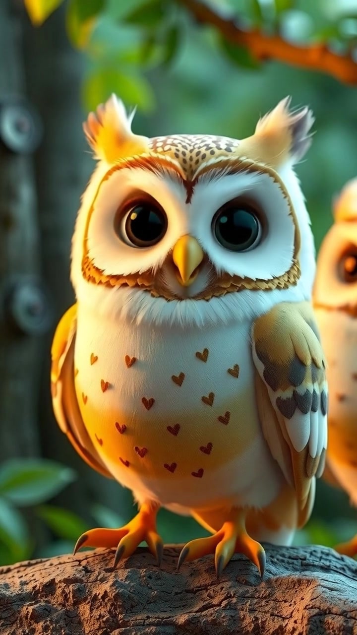 A close-up portrait of an owl peering out from behind the branches in front of it.