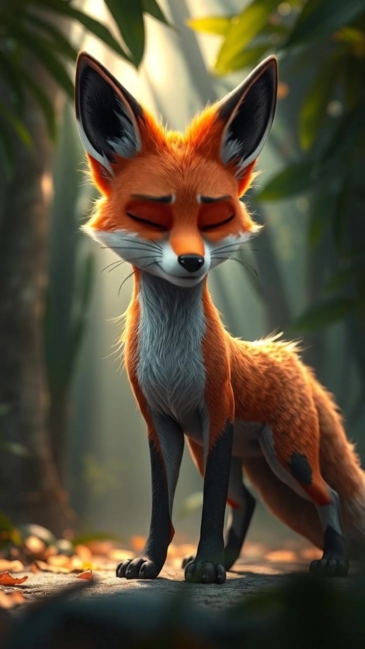 A gentle tracking shot follows Rusty as it stands quietly in the dappled jungle sunlight, surrounded by lush foliage. Soft natural light, peaceful mood, 3D animation.