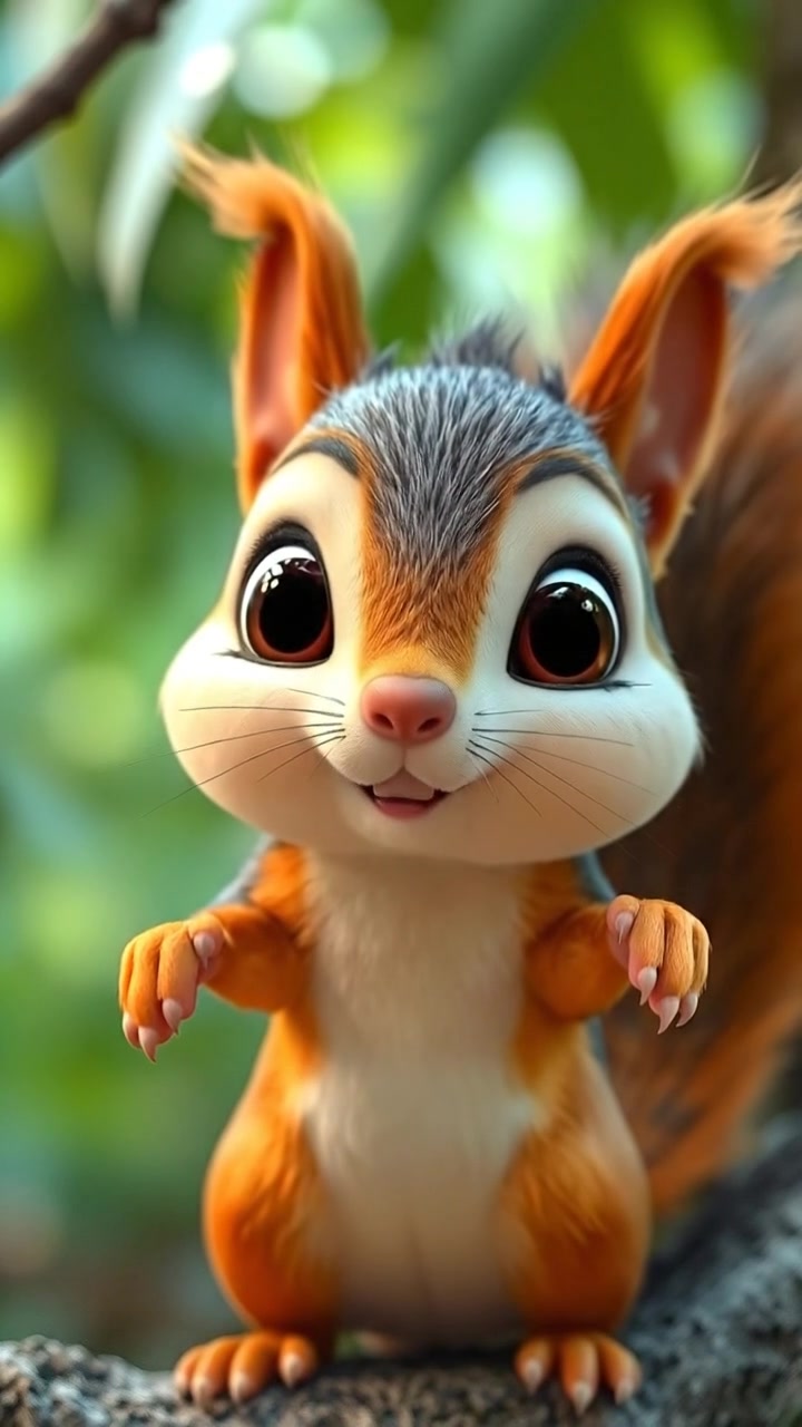 A medium shot of the squirrel standing on a tree branch, holding his hands out in front as if telling people to stop. His expression is concerned, with green foliage in the background. The camera pushes in slightly to emphasize his gesture and emotion, with a gentle breeze moving the leaves.