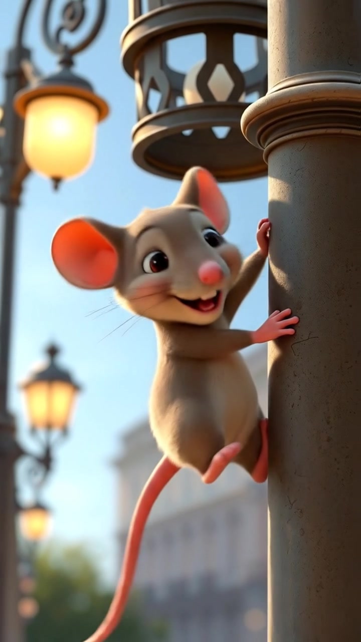 A playful camera tilt follows Mouse as it swings from the lamp post, about to dance under the city lights. Nighttime, energetic, 3D animation style.