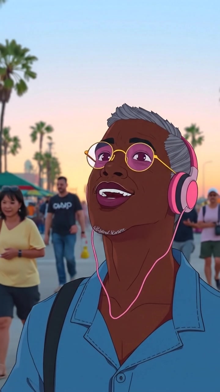 The camera tracks Kwame as he walks along Venice Beach at sunset, music playing in his headphones. Pastel colors, anime style, relaxed mood.