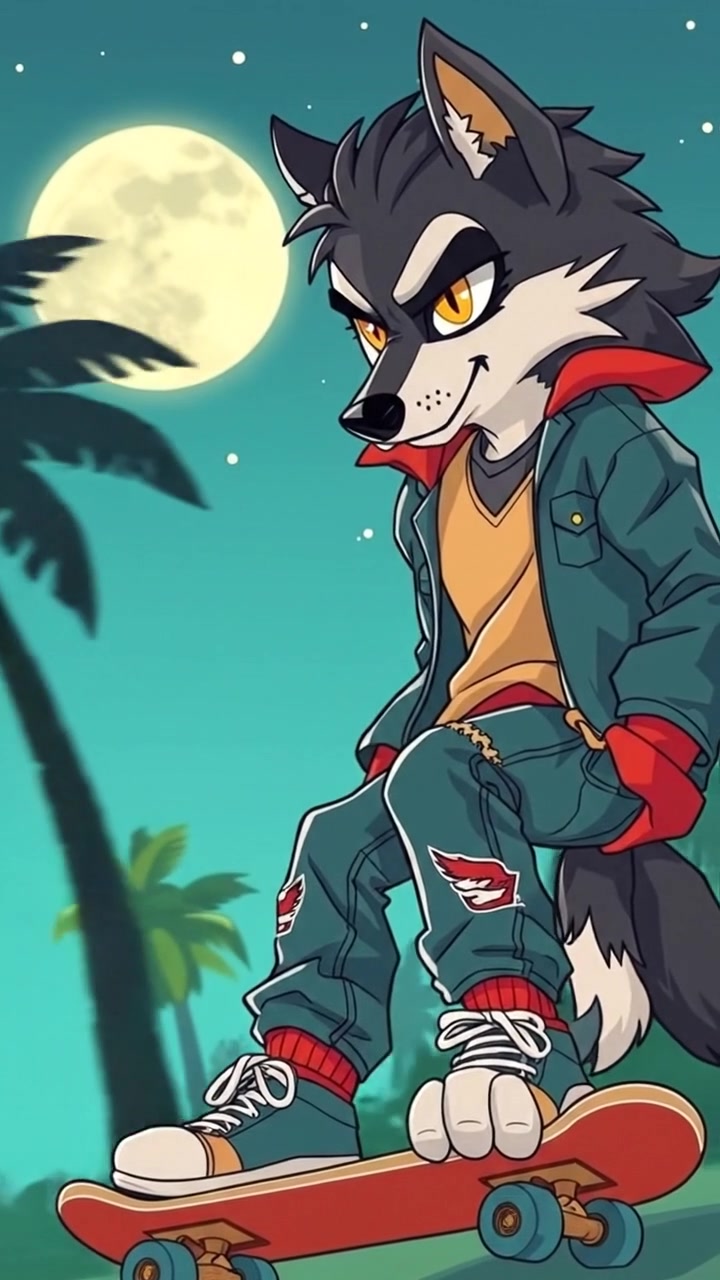 A dynamic tracking shot follows Silva skateboarding under the full moon, palm trees rushing by. Cartoonish style, colorful lighting, energetic mood.