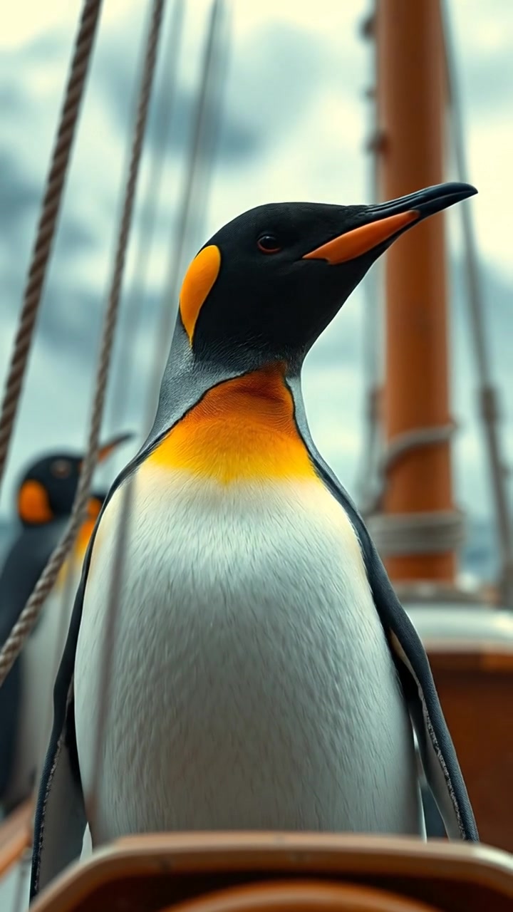 A cinematic pan shows Penguin at the helm of the ship, waves crashing in the background. Vintage style, dramatic lighting, photographic realism.