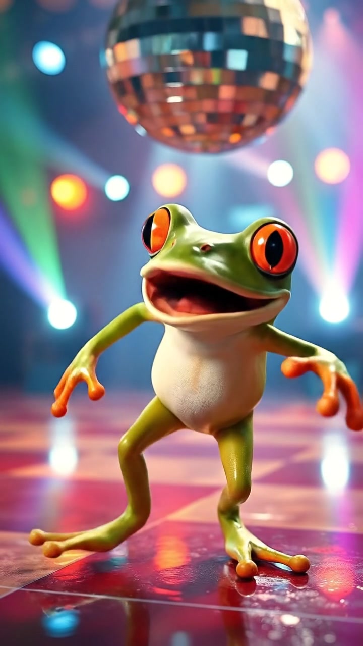 A spinning camera circles Frog as he dances under the disco ball, colorful lights flashing. Energetic mood, detailed realism, photographic style.