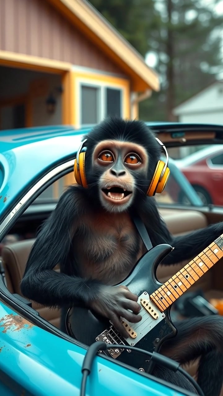 A playful handheld shot follows Monkey as he plays air guitar next to the teal car, music blasting from the boombox. Suburban setting, fun mood, photographic realism.