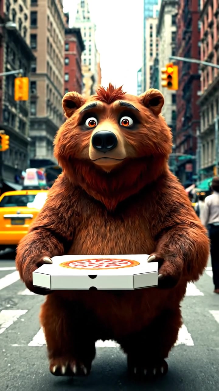A bear walking down the street of new york with a pizza box in its paws.