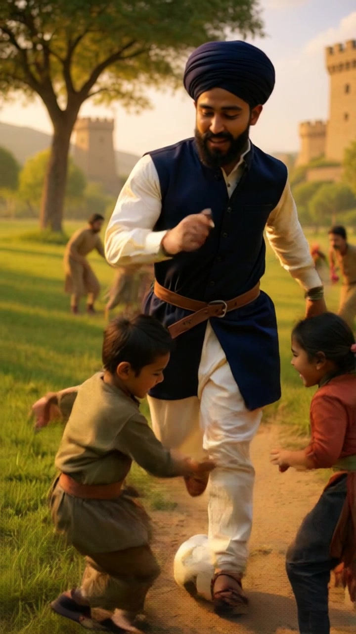 Subject: Arjun playing football with children. Subject movement: Arjun runs energetically across the grassy field, dribbling the ball as the children chase after him, their laughter echoing through the air. Scene: A vibrant grassy field filled with joyful children engaging in a spirited game of football under a clear blue sky. Style: Bright, natural daylight enhances the lively atmosphere, casting playful shadows. Motion: The camera follows Arjun in a dynamic tracking shot, weaving around the players as they sprint and pass the ball, capturing their excitement and camaraderie.